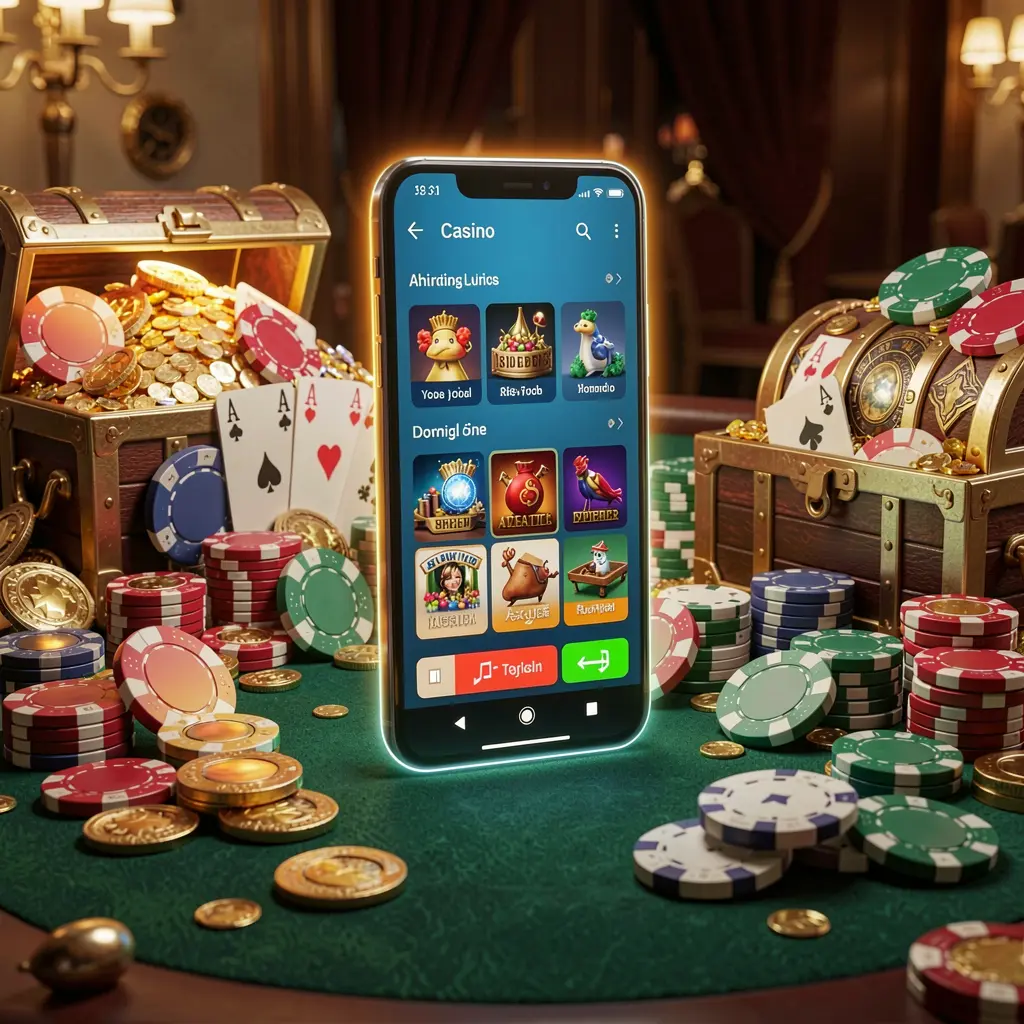 Glowing smartphone displaying 9677BET Casino APK app layout in Android style, surrounded by treasure chest, chips, and coins in a luxury 3D render