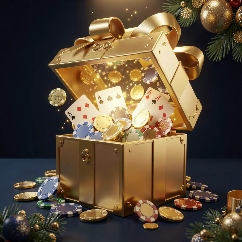 A luxurious welcome bonus scene for 9677BET online casino featuring an open golden gift box with casino chips, playing cards, and sparkling coins bursting out against a premium dark blue and black background with a bright golden glow in an elegant festive mood