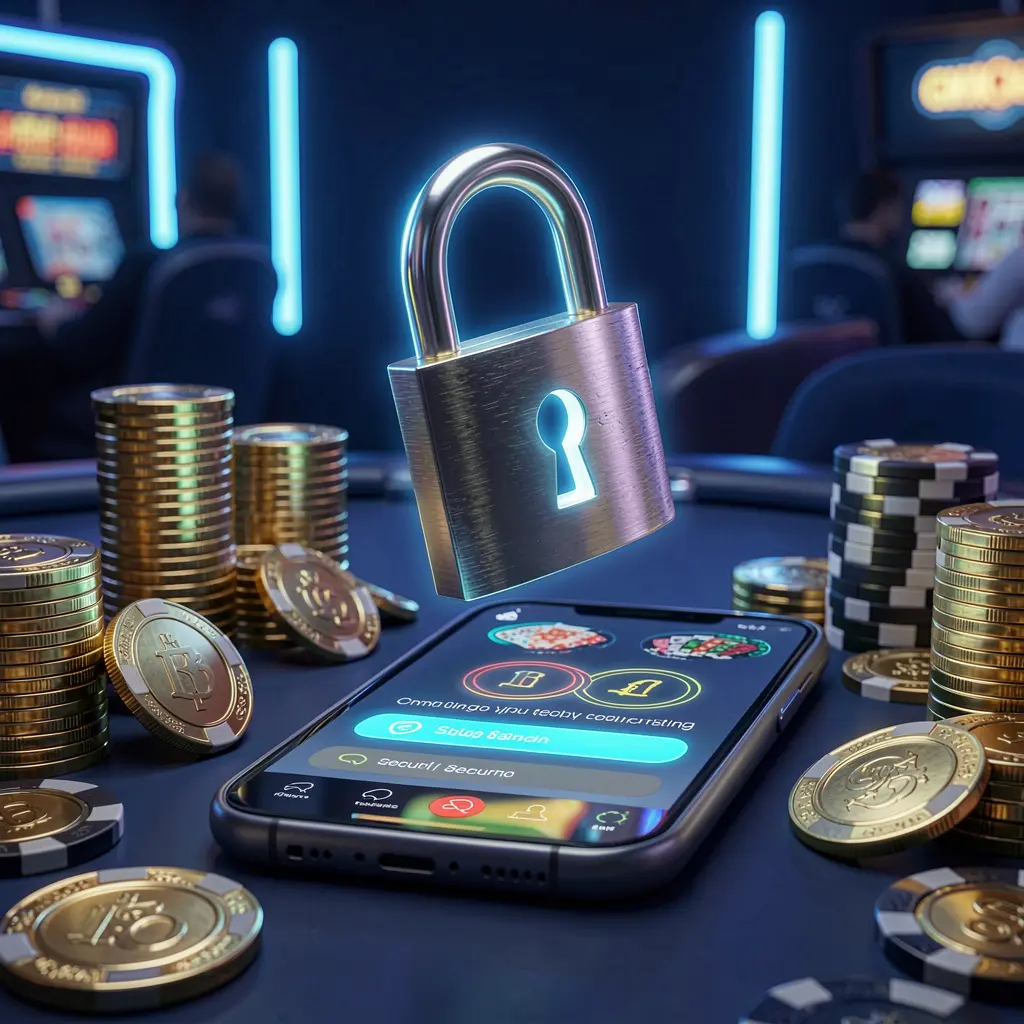 9677BET casino login security image featuring a glowing padlock floating above a smartphone with golden coins and chips scattered around on a dark blue neon background
