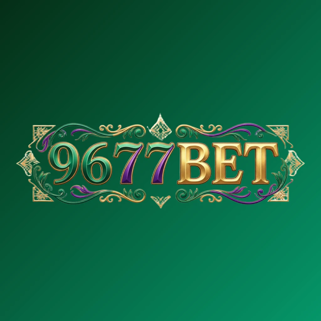 Luxury colorful 9677BET logo featuring bold serif typography in rich emerald, violet, and gold with elegant glowing ornaments on a transparent background, designed as a horizontal rectangular wordmark for website headers