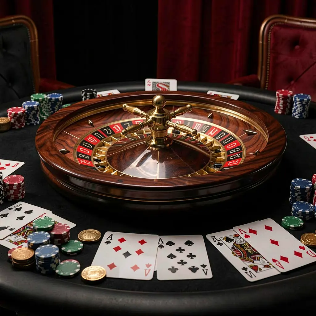 Elegant gaming table with roulette, blackjack cards, poker chips, and coins under luxury cinematic lighting on a black and red background representing 9677BET online casino platform